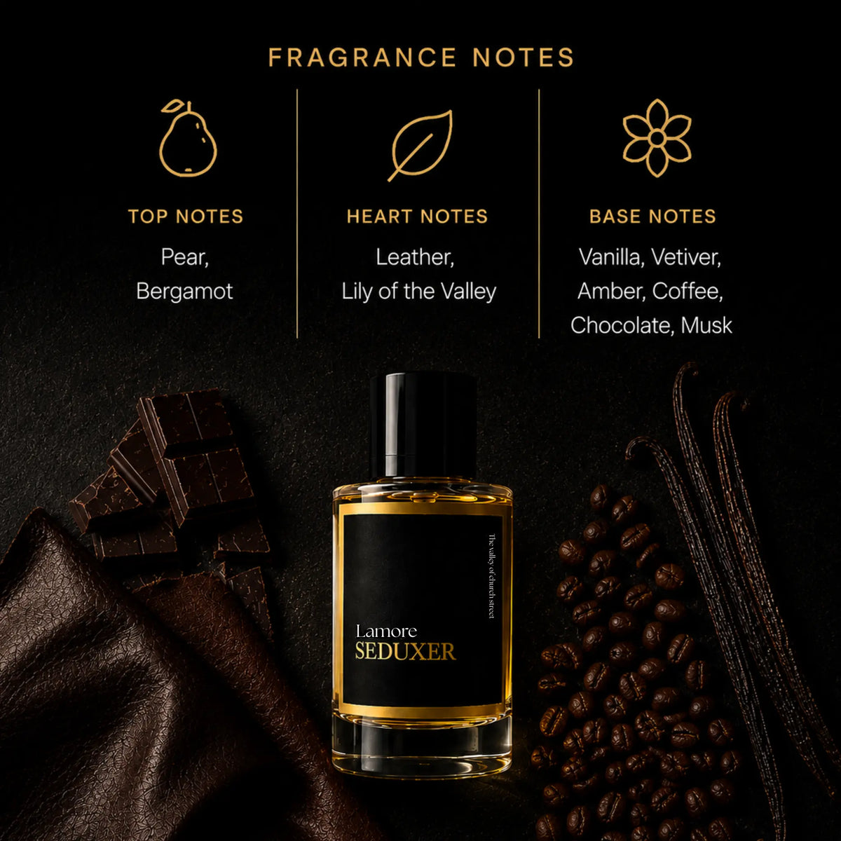 SEDUXER fragrance notes: pear, bergamot, leather, lily of the valley, vanilla, vetiver, amber, coffee, chocolate, musk